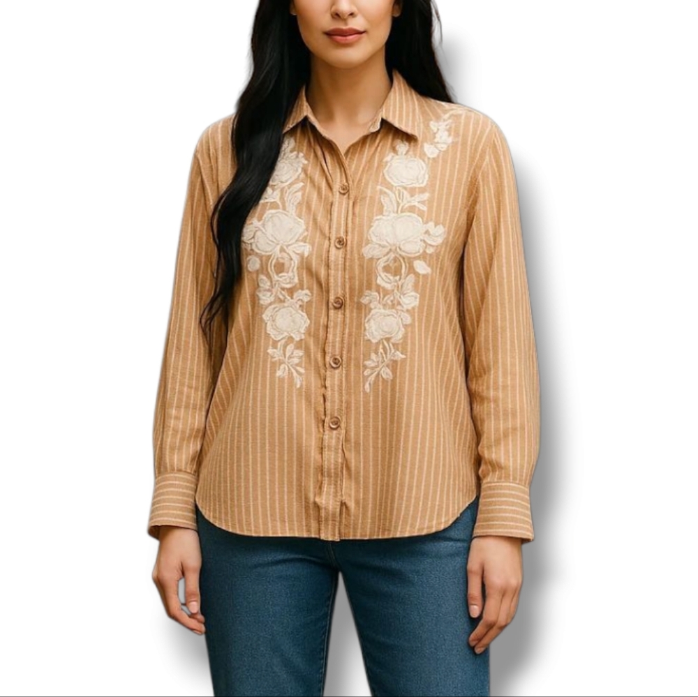 Karyn Seo Women's Yellow Floral Embroidered Button Up Shirt Size Small